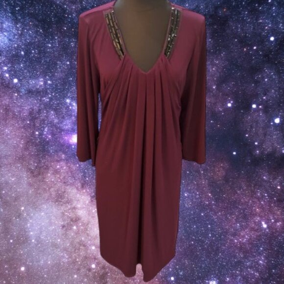 Badgley Mischka PLUM Draped Dress w/ V-Neck Embellished Beading w/Belt ( L ) NWT - Picture 6 of 16